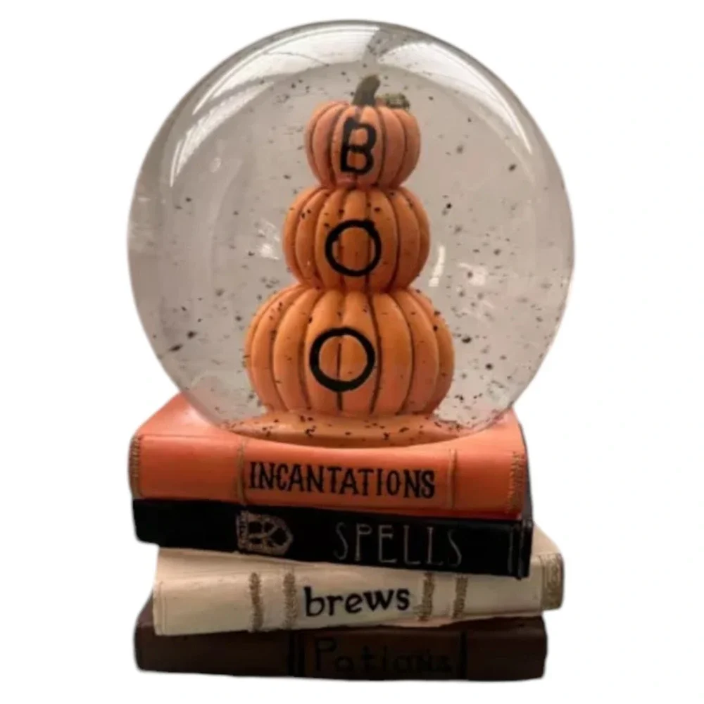Halloween (NEW) Musical Stacked Orange Books Pumpkin BOO Snow Globe